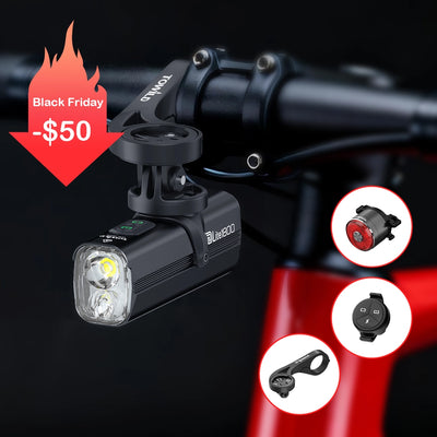 Black Friday savings on the TOWILD DLite1800 Pro Bundle. This complete lighting solution features a powerful dual-beam headlight, perfect for serious cyclists who need both flood and spot lighting. Save $50.