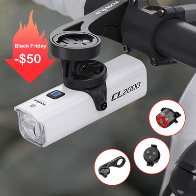 Black Friday offer on the TOWILD CL2000 Flagship Bundle. The 2000-lumen powerhouse is shown in a clean, under-computer setup for a professional look. The complete set includes a tail light, remote, and mount with a $50 discount.