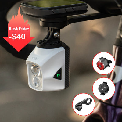 Black Friday special on the TOWILD DL1700 Integrated Cockpit Bundle. The compact dual-beam headlight is mounted perfectly under a GPS computer for a seamless, aerodynamic look. Save $40 on this pro setup.