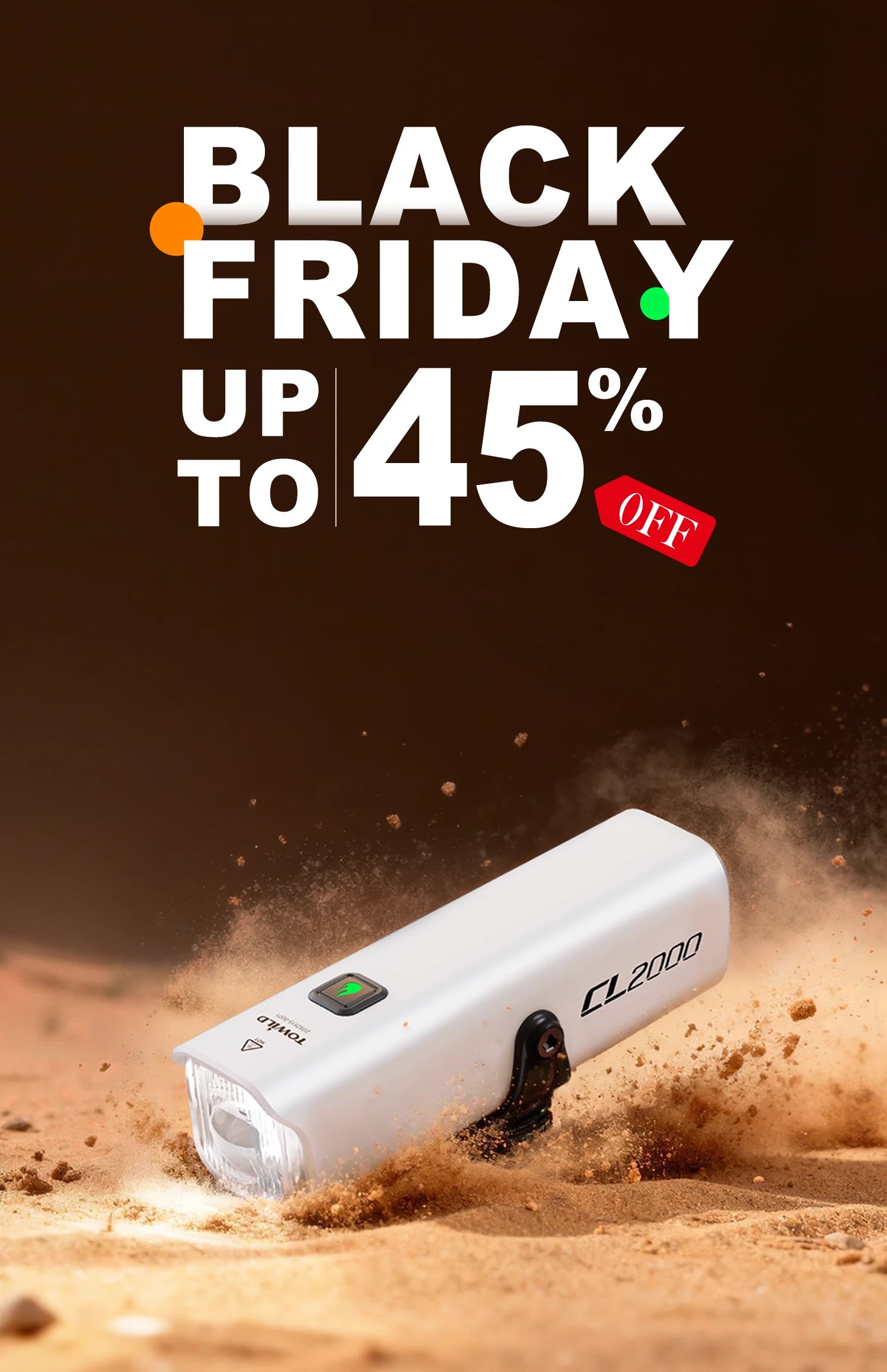 Official banner for the TOWILD Black Friday sale, featuring the powerful 2000-lumen CL2000 smart bike light on rugged terrain, highlighting our biggest offer of up to 45% OFF.