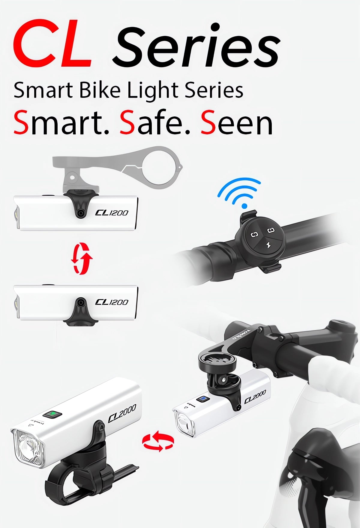 Vertical poster for Towild CL Series smart bike lights. Demonstrates the reversible mounting system of CL1200 and CL2000 for under-mount installation, paired with ALC-01 wireless remote control.