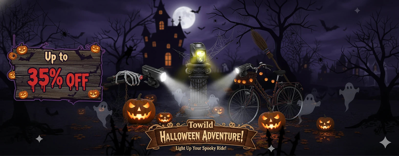 TOWILD Halloween Adventure sale banner offering up to 35% off. The banner features several TOWILD bike lights in a spooky night scene with pumpkins, a haunted house, and the text 'Light Up Your Spooky Ride'.