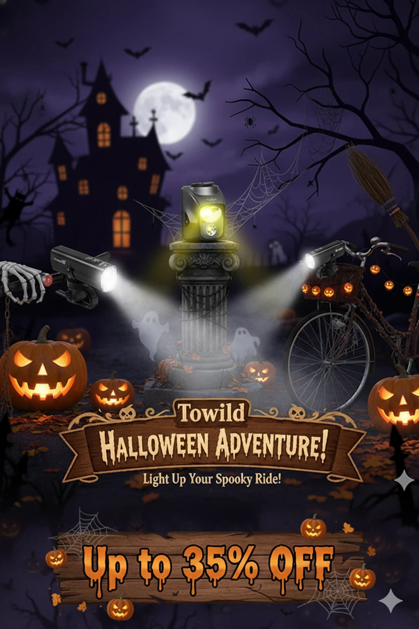Promotional poster for the TOWILD Halloween Adventure sale, offering up to 35% off on bike lights. The image shows TOWILD lights illuminating a spooky scene with a haunted house, jack-o'-lanterns, and ghosts.