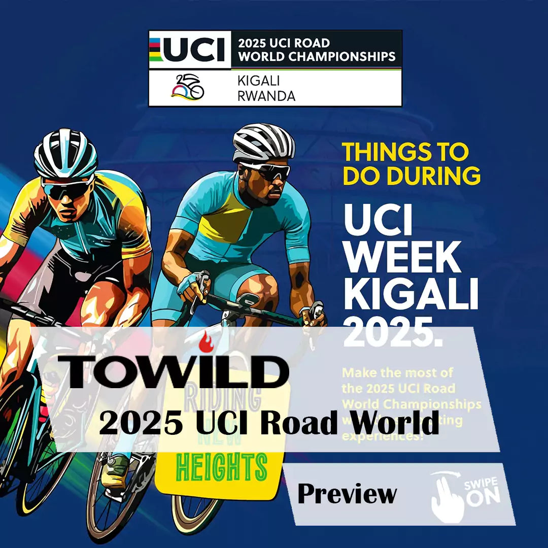 Blog cover for the 2025 UCI Road World Championships preview guide. The image features a stylized illustration of two cyclists racing, with text 'Things to do during UCI Week Kigali 2025' and the official event logo for Kigali, Rwanda.