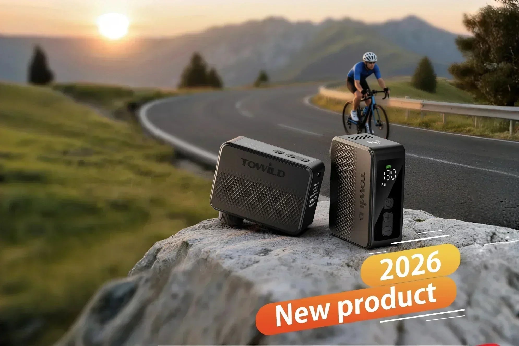 Promotional banner for the TOWILD A13 mini electric bike pump, showcasing the 130 PSI digital display on a rock with a road cyclist in the background. Text overlay proudly announces "2026 New product".