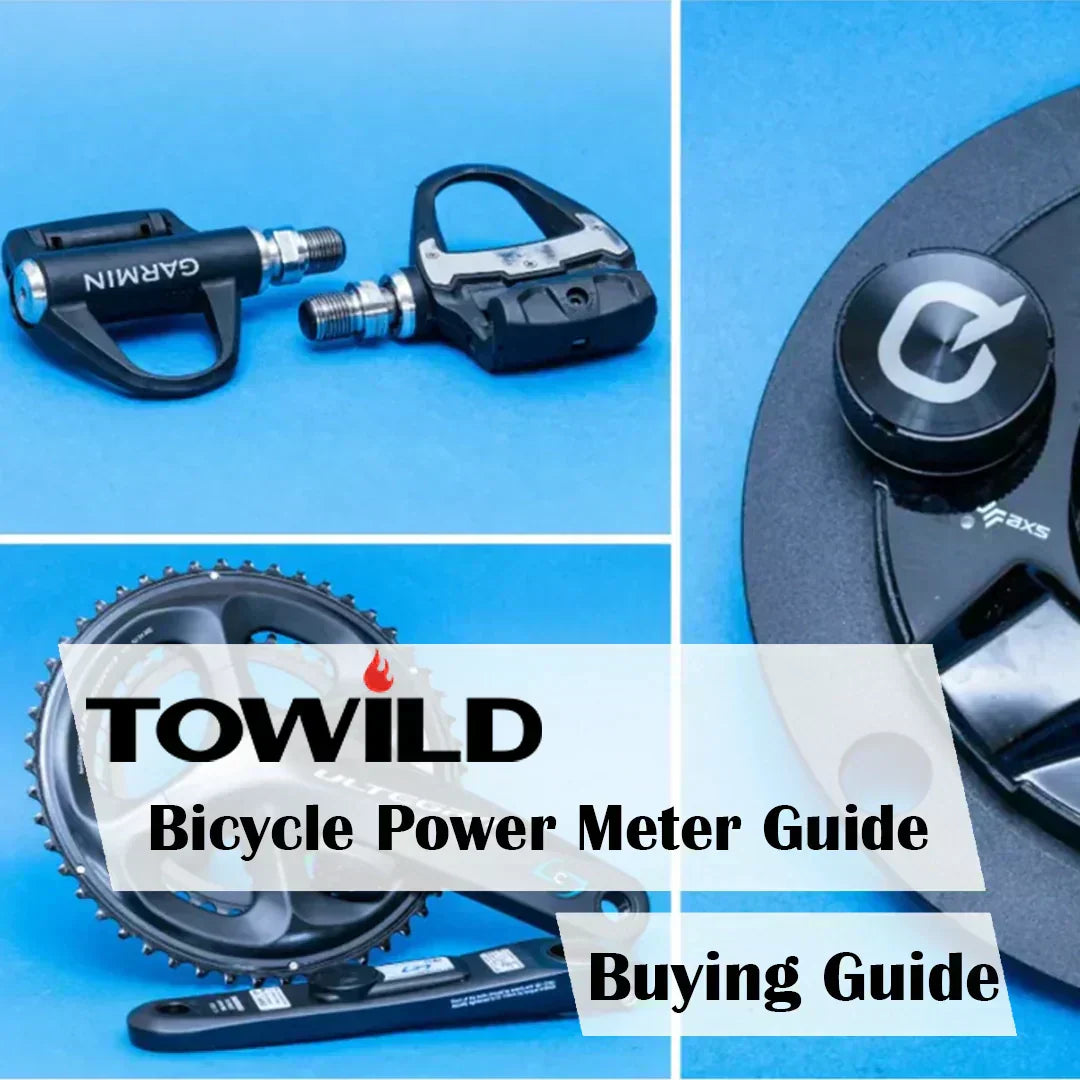 Cover image for the Ultimate Bicycle Power Meter Buying Guide by Towild, showing examples of pedal-based, crank-arm, and spider-based power meters.