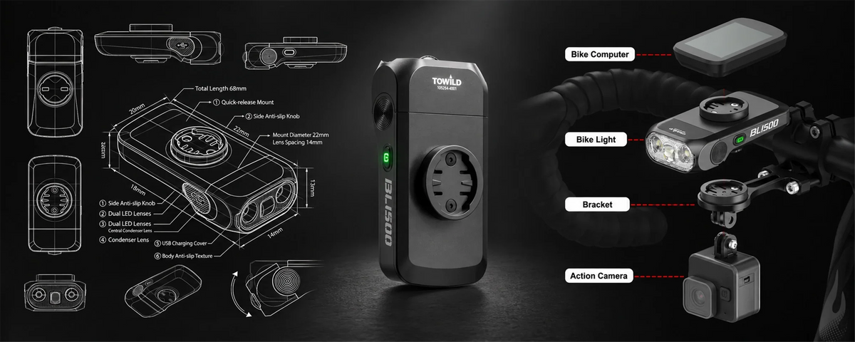 TOWILD BL1500 1500-lumen bike light with engineering drawings and an exploded modular mounting system