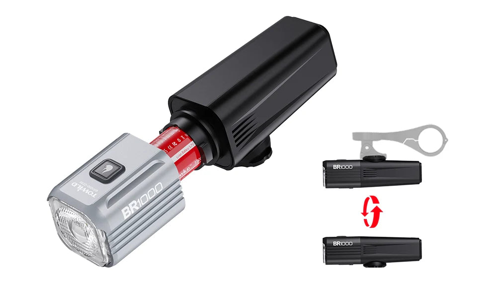 The TOWILD BR1000 lightweight bike light with its head detached, showcasing the easily replaceable 18650 battery for extended ride times.
