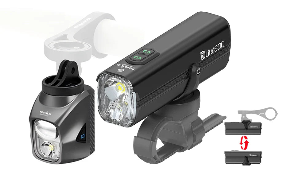 The TOWILD DL series dual-beam bike lights, showcasing their distinct focus and flood beam lenses and integrated GoPro mount for a professional, clean setup below a bike computer.