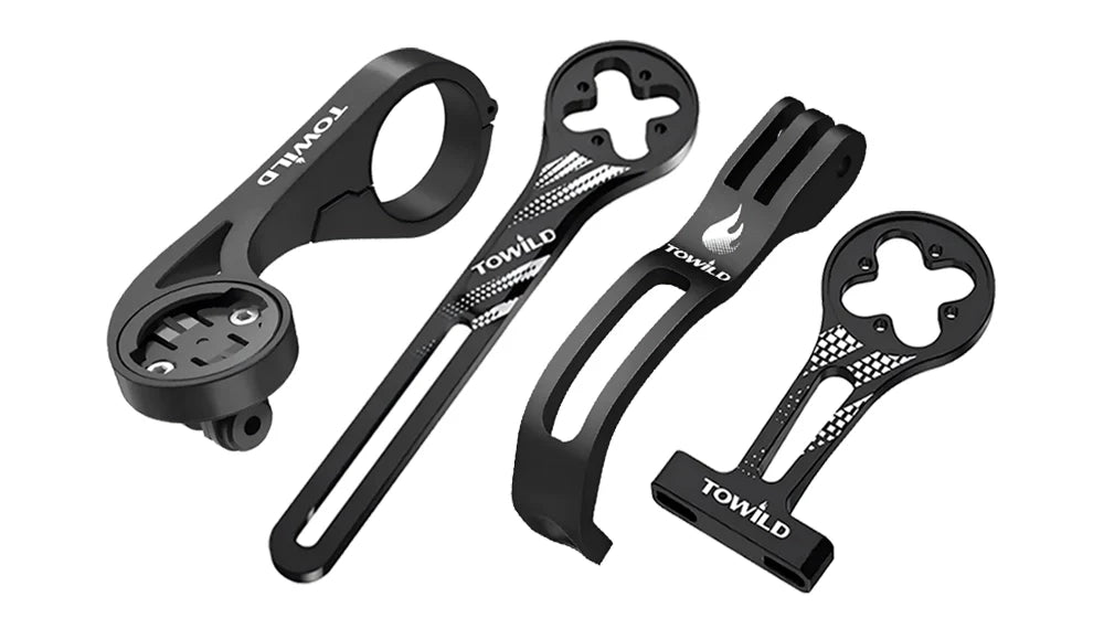 A collection of TOWILD bike computer mounts, including the AS90 out-front mount and the AS70 integrated mount, both featuring a Garmin-compatible top and a GoPro interface underneath for a clean, integrated cockpit.