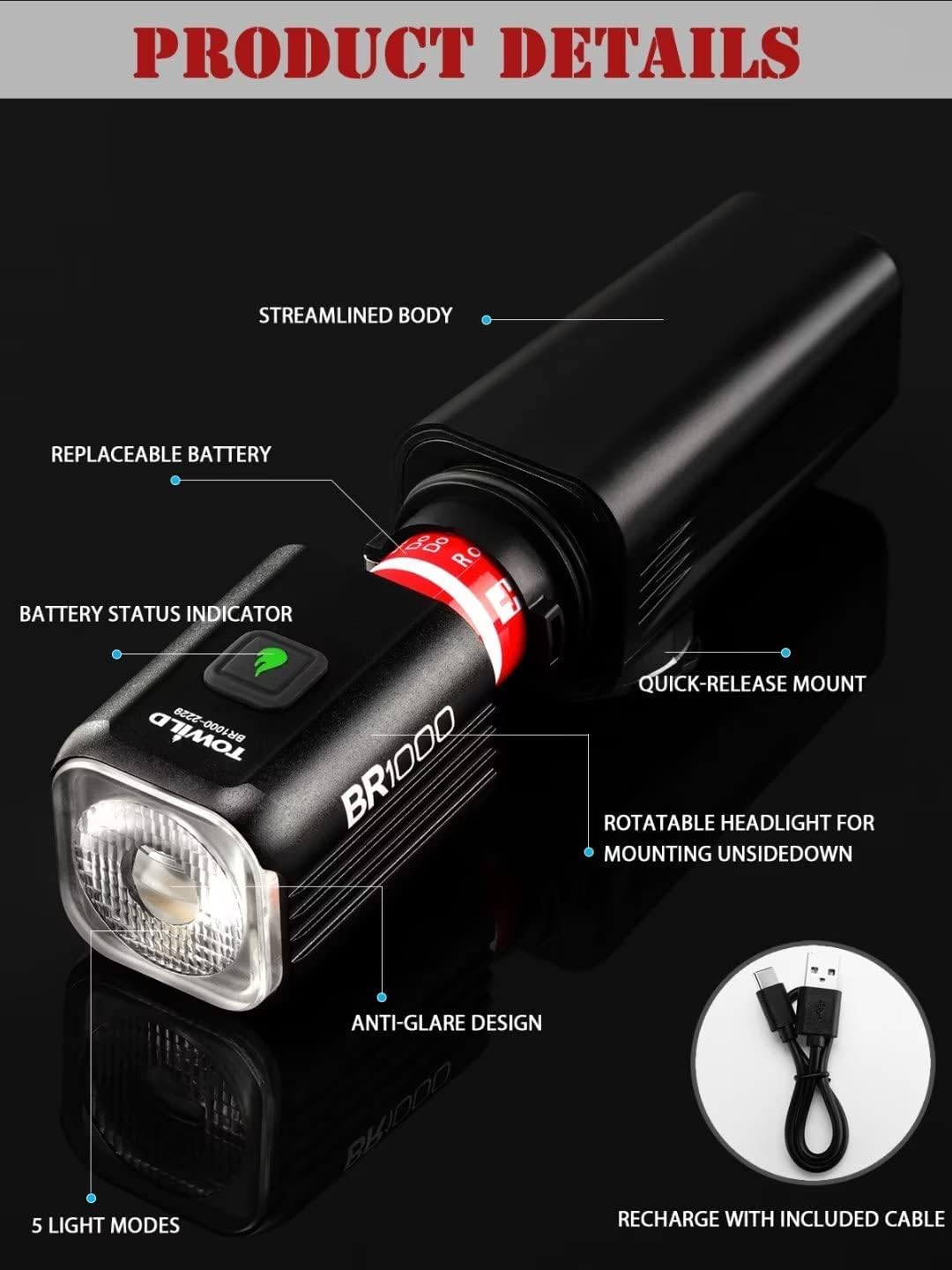 BR1000 Replaceable Battery Professional Bike Light - Black