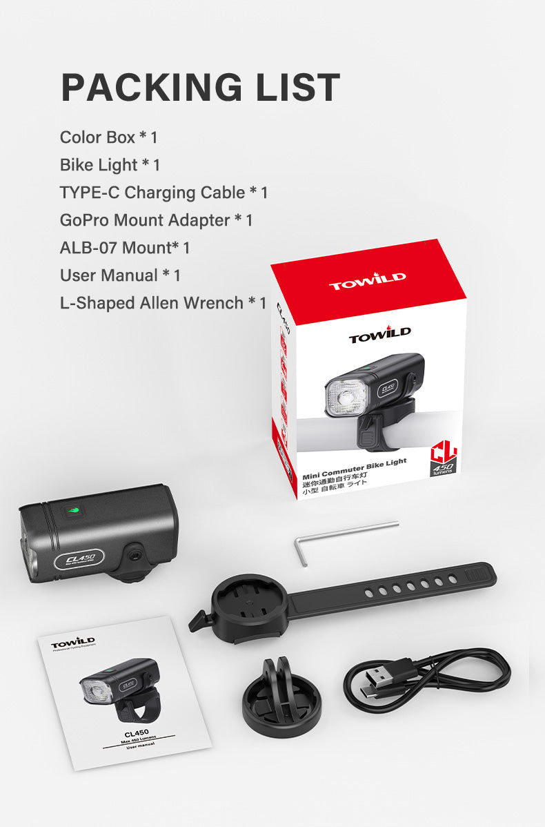 TOWILD CL450 Bike Lights for Night Riding, 450 Lumens, USB-C Rechargeable, Aluminum Alloy, IPX6 Waterproof