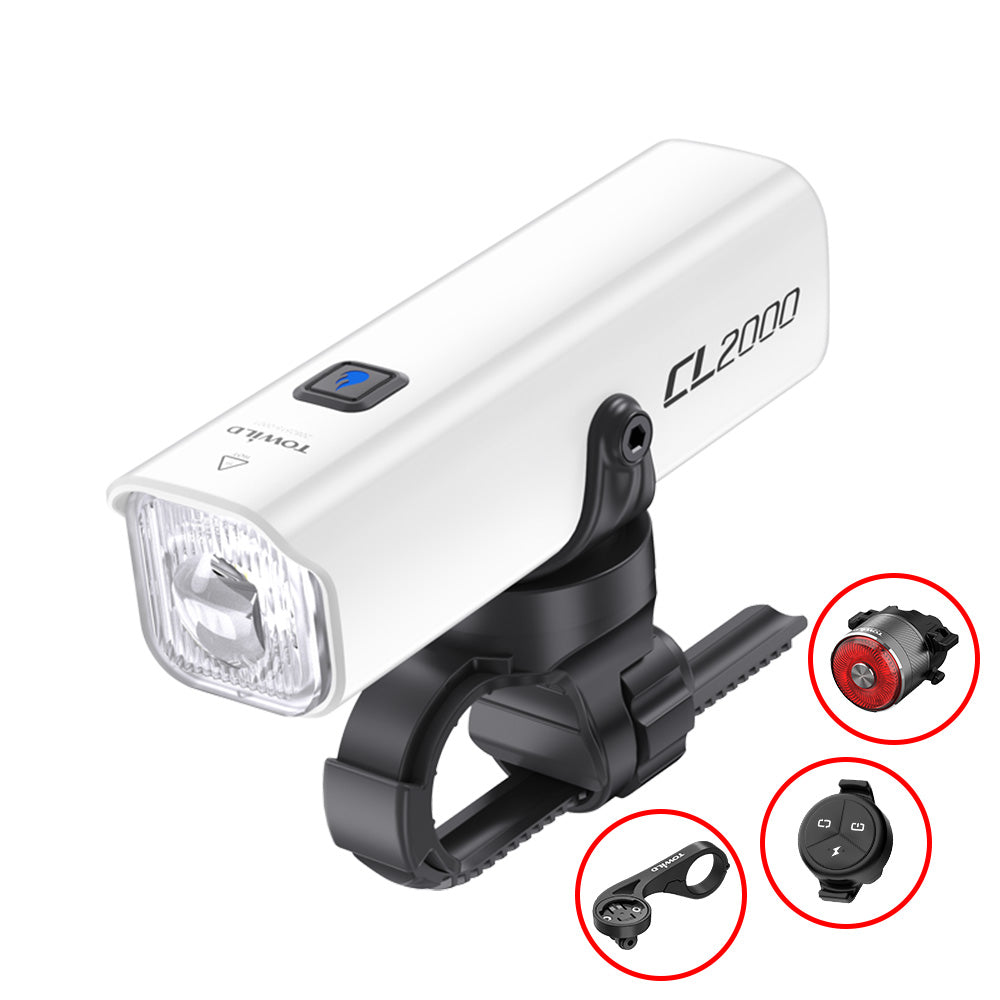 A special promotional bundle for the White Towild CL2000 front light, which comes with a free TL05 tail light, ALC wireless remote, and AS90 out-front mount, creating a complete bike lighting solution.