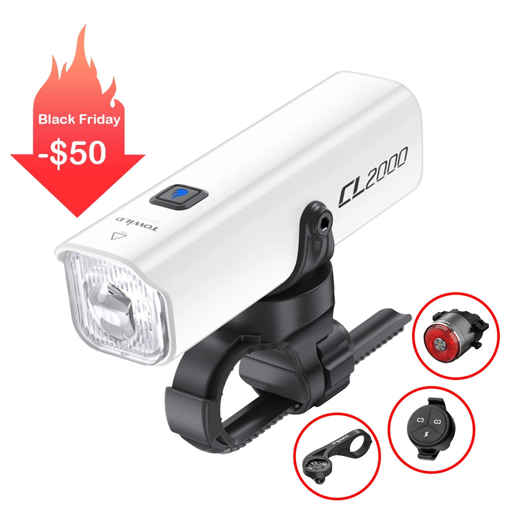Black Friday deal on the TOWILD CL2000 smart bike light bundle in a clean white finish. Includes a smart tail light, wireless remote, and bike mount. Save $50 on this complete 2000-lumen powerhouse.
