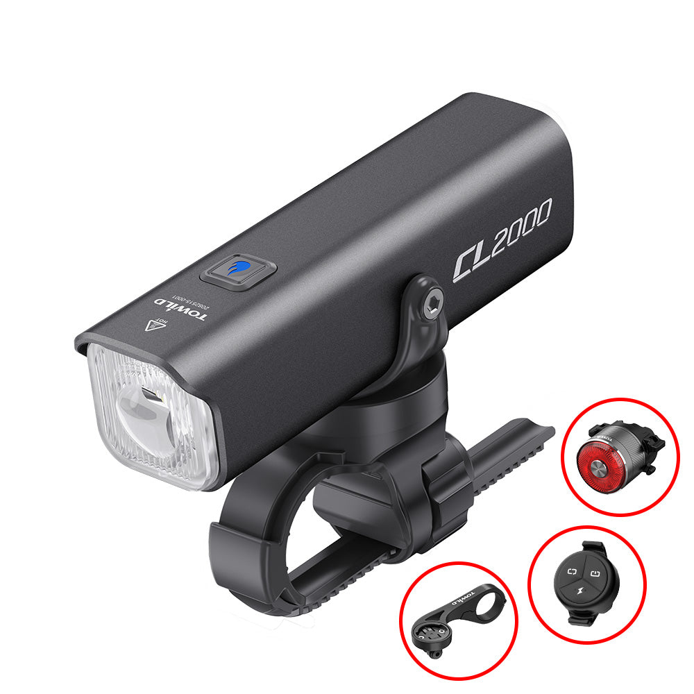 A special promotional bundle for the black Towild CL2000 front light, which comes with a free TL05 tail light, ALC wireless remote, and AS90 out-front mount, creating a complete bike lighting solution.