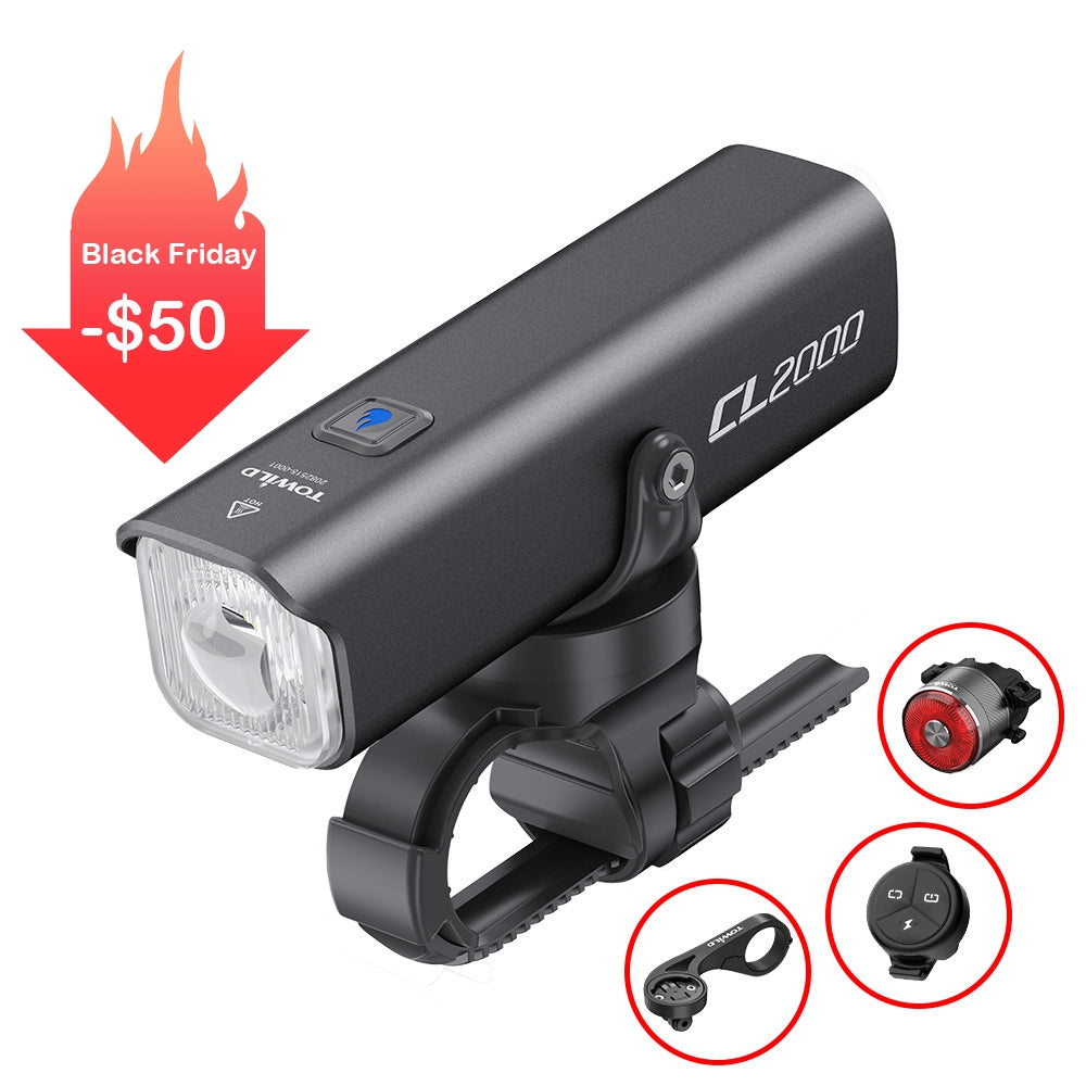 Black Friday deal on the TOWILD CL2000 smart bike light bundle in a classic black finish. Includes a smart tail light, wireless remote, and bike mount. Save $50 on this complete 2000-lumen powerhouse.