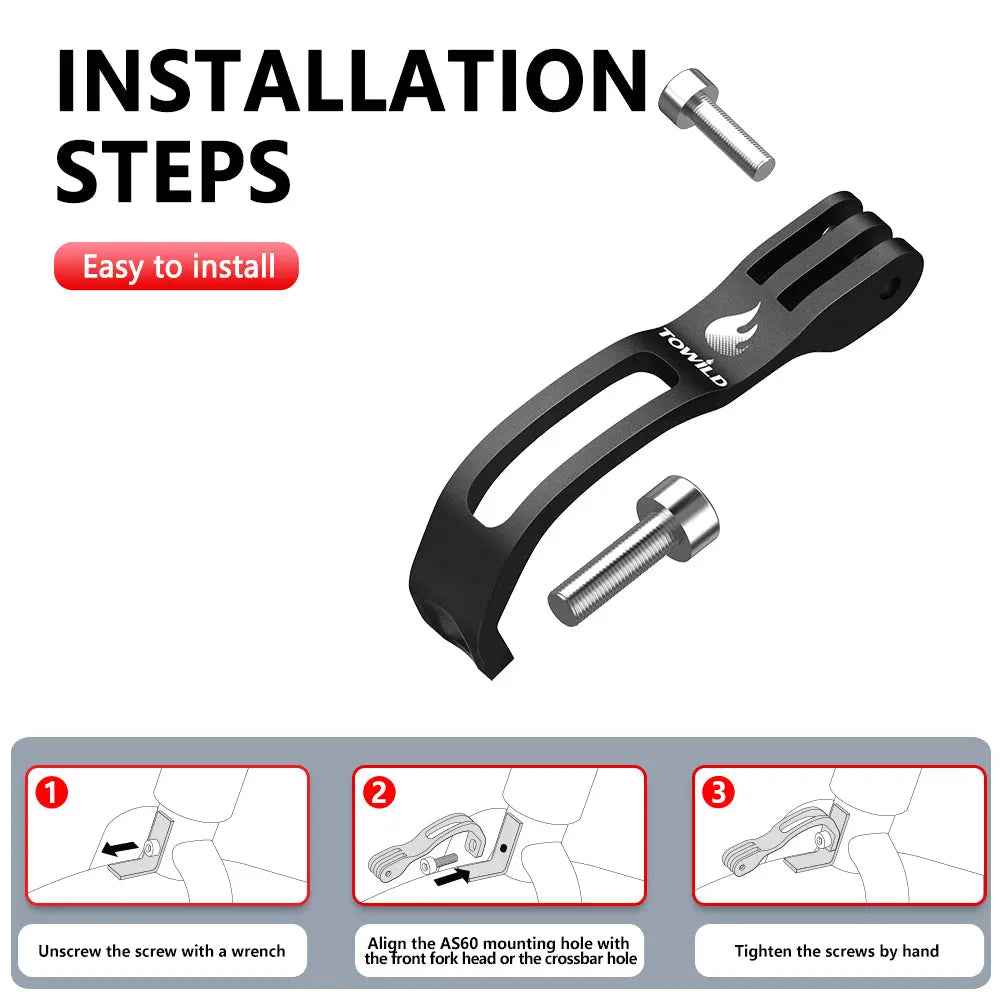 An infographic showing the easy 3-step installation process for the TOWILD AS60 mount onto the front fork crown of a folding bike.
