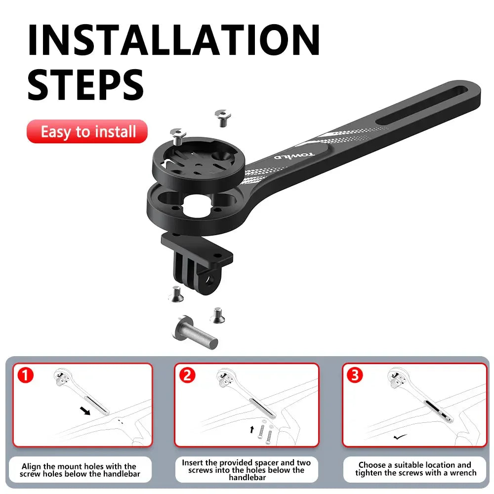 An infographic showing the easy 3-step installation process for the TOWILD AS70 mount, detailing how to bolt it underneath an integrated handlebar.
