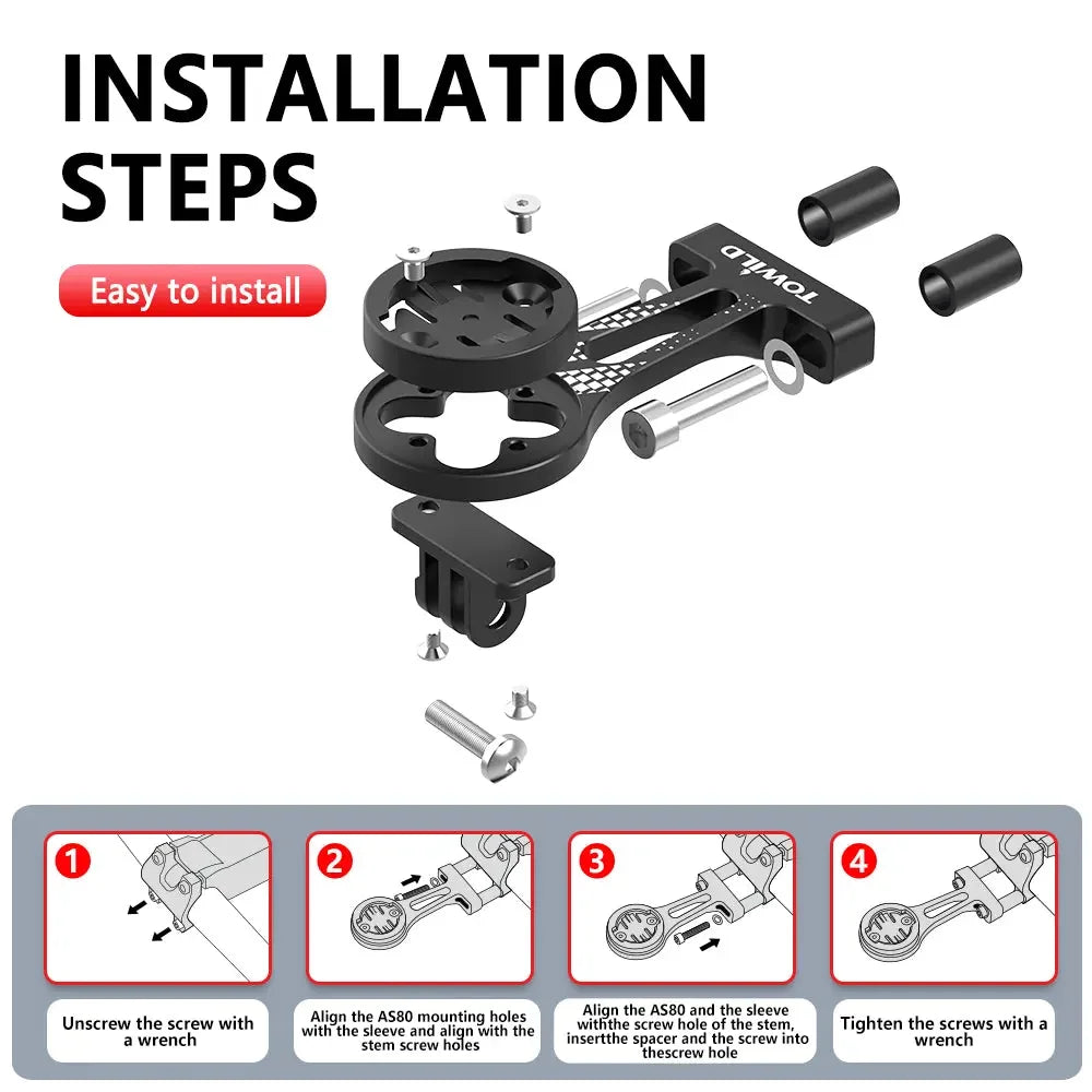An infographic showing the easy 4-step installation process for the TOWILD AS80 stem mount, detailing how to replace the stem screws for a secure fit.