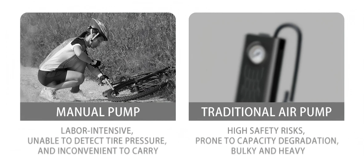 Comparison chart highlighting the pain points of manual bike pumps (labor-intensive, no pressure gauge) versus bulky traditional air pumps (heavy, safety risks).
