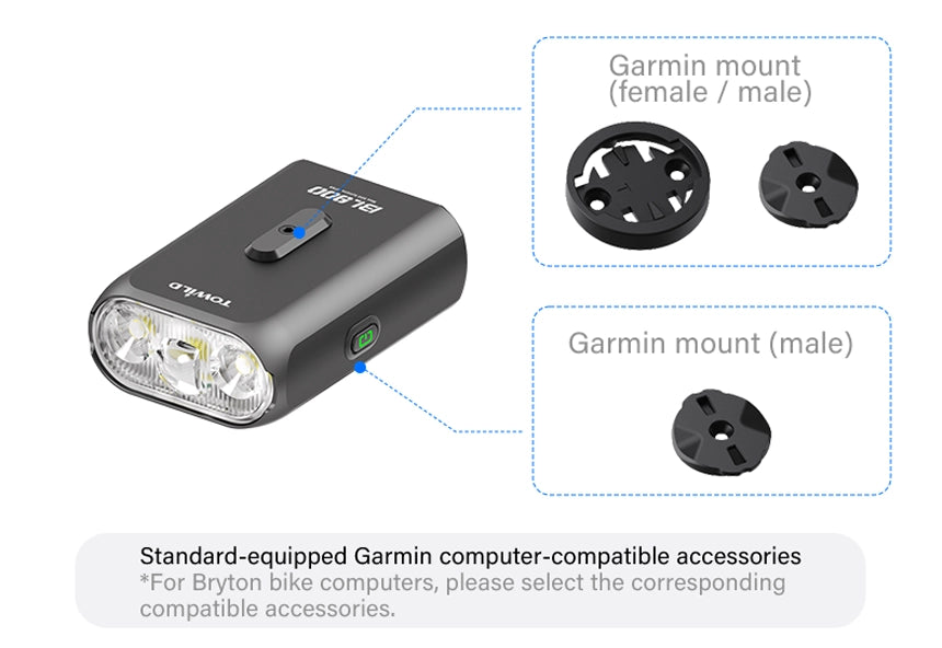 Standard-equipped male and female Garmin compatible mount adapters included with the TOWILD BL900 bike headlight.