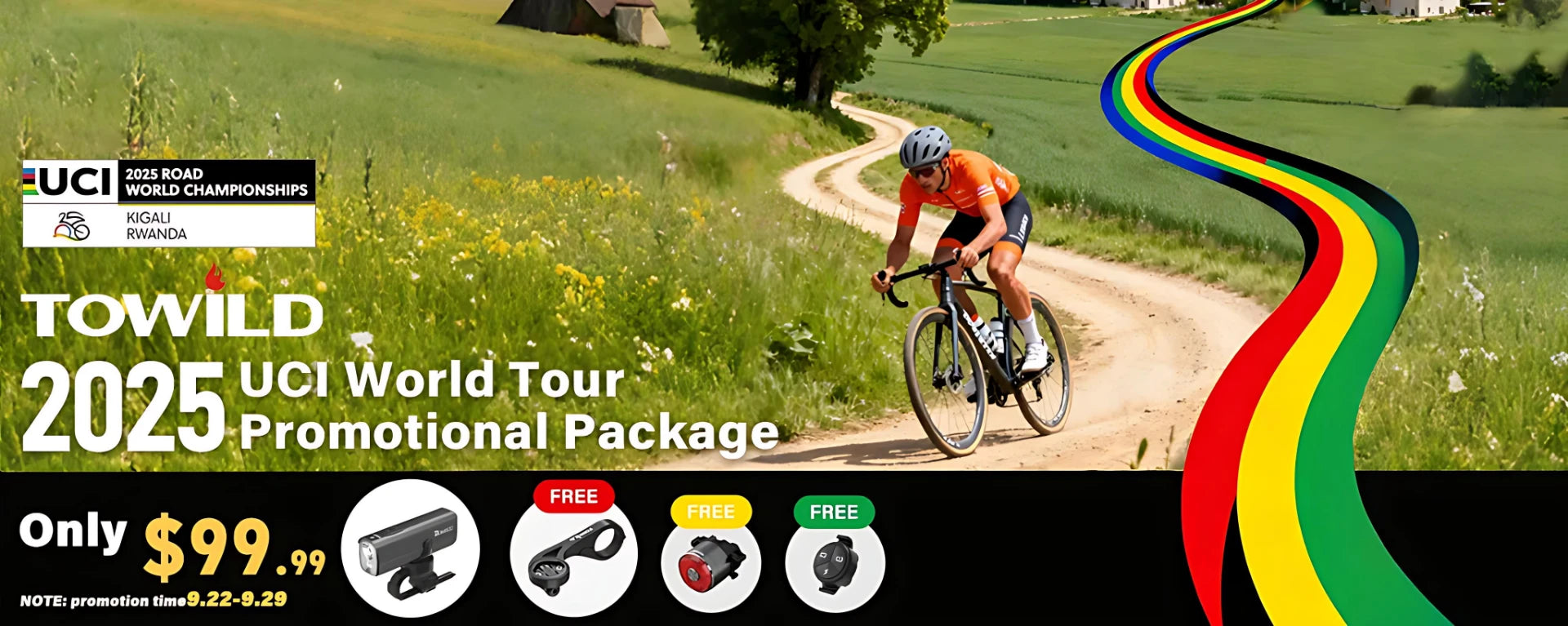 Promotional banner for the TOWILD 2025 UCI Road World Championships package, offering a DLite1800 front light plus a free TL05 tail light, AS90 mount, and ALC remote for only $99.99.
