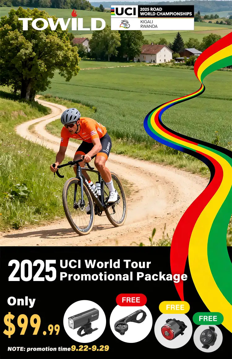 Celebrate the 2025 UCI World Championships with TOWILD's limited-time offer: Get a complete pro lighting system (DLite1800, tail light, mount, remote) for the unbeatable price of $99.99.