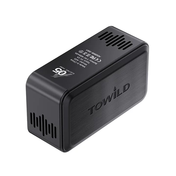 Back view of the TOWILD A05 portable tire inflator displaying safety certifications (CE, FCC) and technical specifications like the 7.4V input.