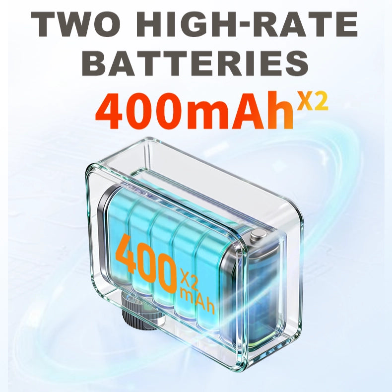 Transparent internal view of the TOWILD A05 mini electric bike pump, showcasing the dual 400mAh high-rate lithium batteries designed for rapid tire inflation.
