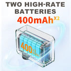 Transparent internal view of the TOWILD A05 mini electric bike pump, showcasing the dual 400mAh high-rate lithium batteries designed for rapid tire inflation.