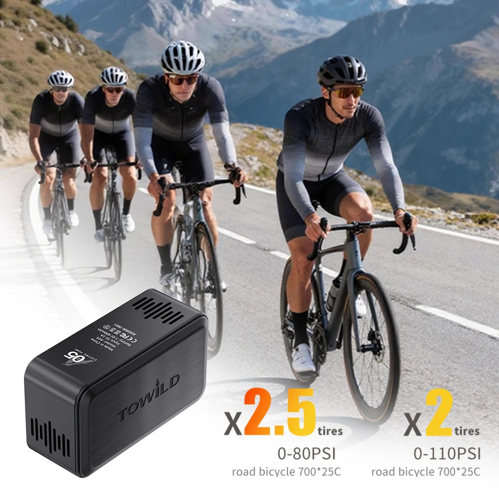 TOWILD A05 ultra-light electric bike pump demonstrating high-pressure inflation capacity for road cyclists. Capable of inflating 2.5 700x25C tires to 80 PSI or 2 tires to 110 PSI, ideal for alpine climbs and group rides.