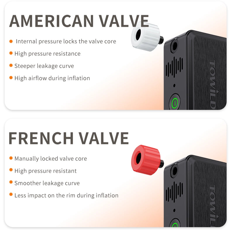 TOWILD A05 cycling pump featuring quick-release compatibility for both Presta (French) and Schrader (American) valves, ensuring high pressure resistance and rim protection.