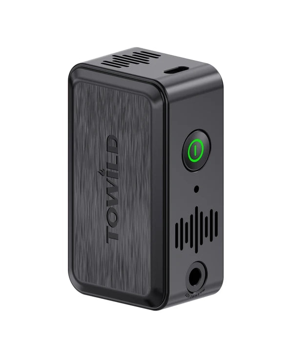 Front view of the black TOWILD A05 145g ultra-light smart cycling pump, featuring a compact anti-slip body and a one-touch green power button.