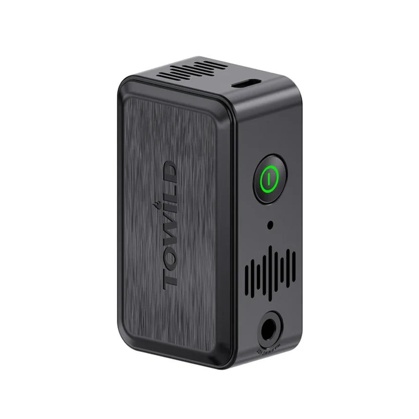 Front view of the black TOWILD A05 145g ultra-light smart cycling pump, featuring a compact anti-slip body and a one-touch green power button.