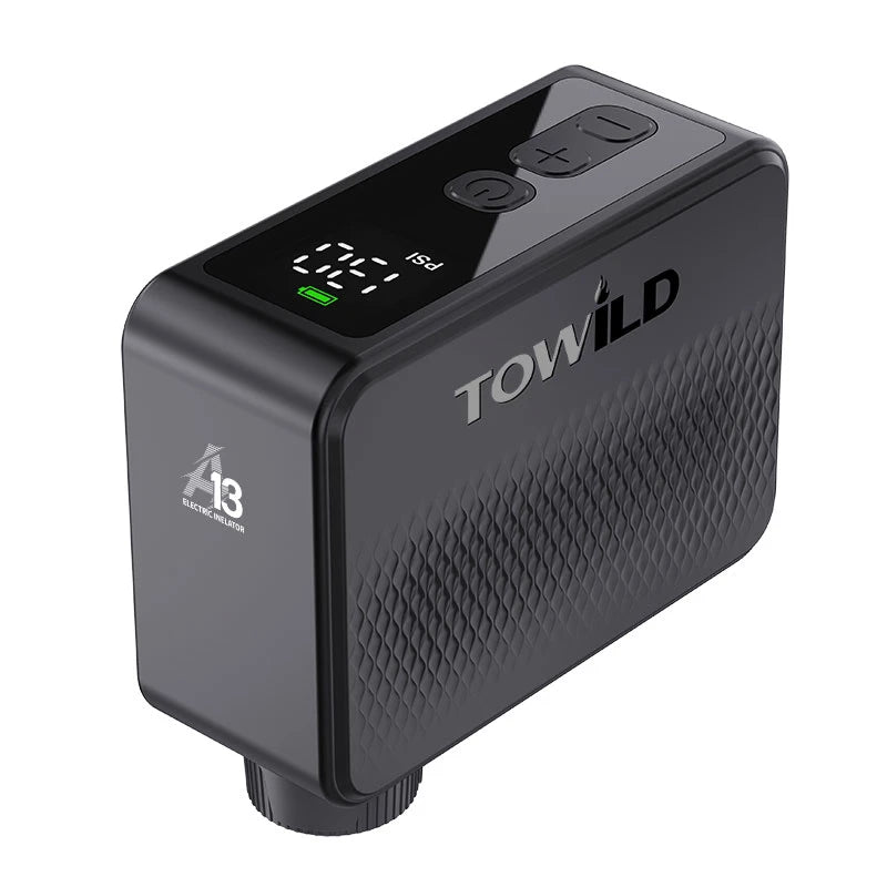 Top view of the TOWILD A13 electric inflator, showing the intuitive control buttons and the bright LED screen displaying 130 PSI max pressure.