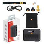 Full package contents of the TOWILD A13 Mini Bicycle Tire Inflator, including the pump, storage bag, USB-C cable, extension hose, and valve adapters.