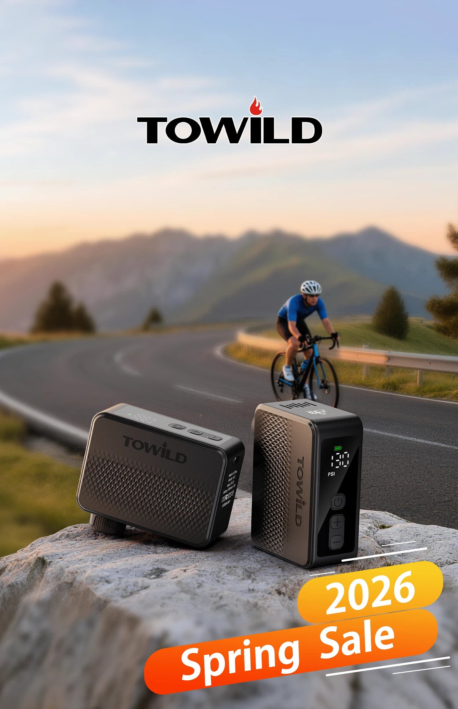 Mobile banner for the TOWILD 2026 Spring Sale. Upgrade your cycling gear with the ultra-light 130PSI A13 portable tire inflator for your spring rides.