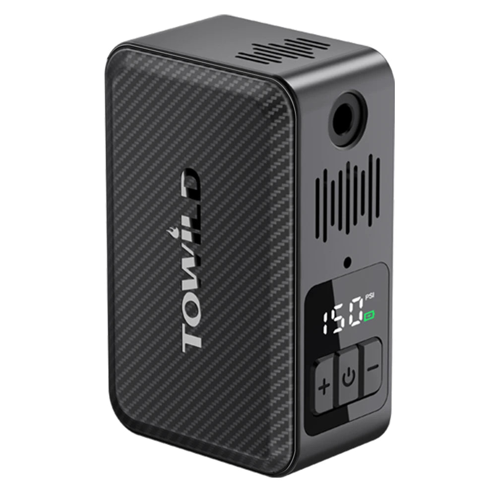 Upright view of the TOWILD A15 portable electric bike pump, showcasing the premium carbon fiber texture, active air-cooling vents, and 150 PSI digital display.