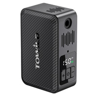Upright view of the TOWILD A15 portable electric bike pump, showcasing the premium carbon fiber texture, active air-cooling vents, and 150 PSI digital display.