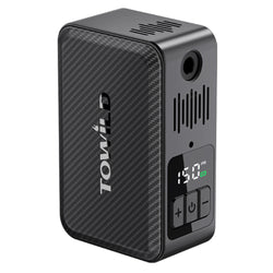 Upright view of the TOWILD A15 portable electric bike pump, showcasing the premium carbon fiber texture, active air-cooling vents, and 150 PSI digital display.
