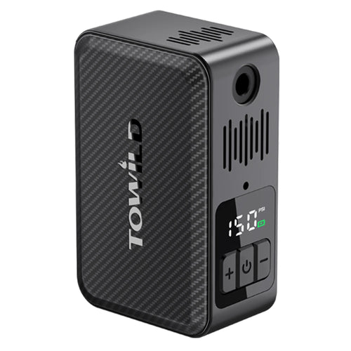 Upright view of the TOWILD A15 portable electric bike pump, showcasing the premium carbon fiber texture, active air-cooling vents, and 150 PSI digital display.