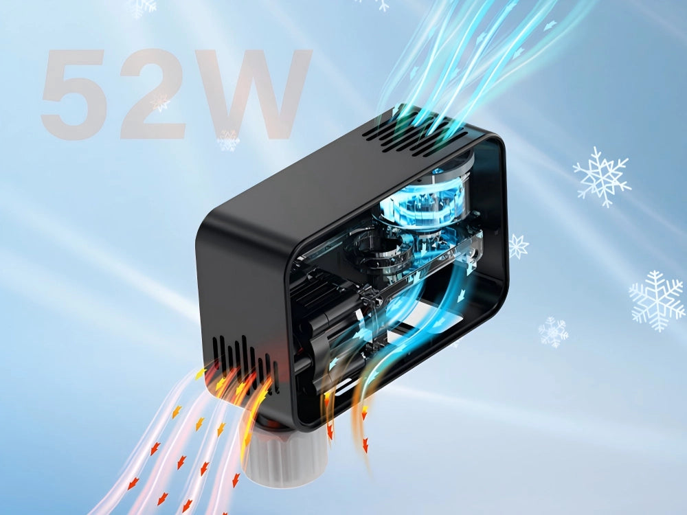 Transparent rendering of the TOWILD A15 active air-cooling system. Airflow arrows illustrate cold air entering and hot air escaping the powerful 52W motor, preventing overheating during high-pressure inflation.