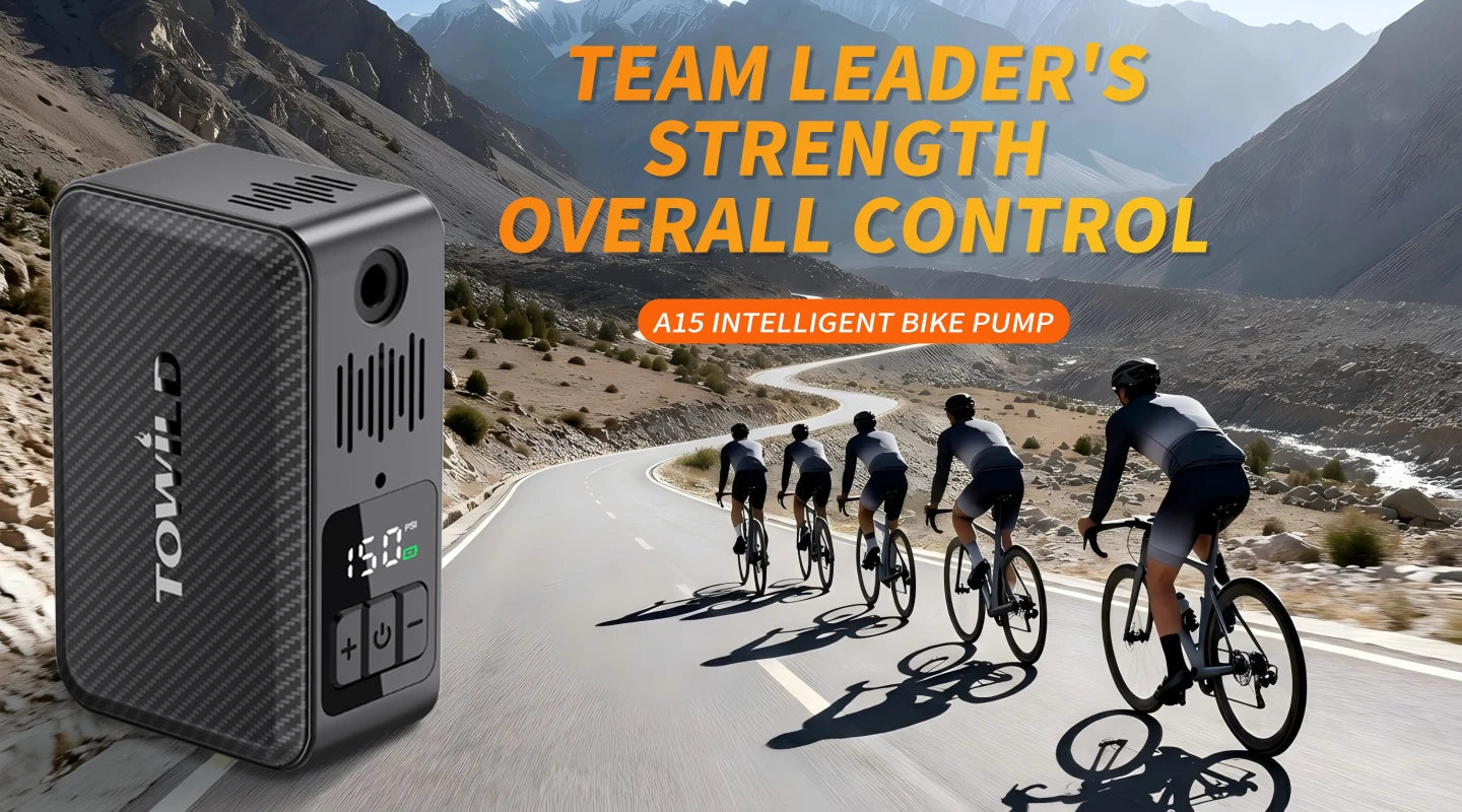 Promotional banner for the TOWILD A15 Intelligent Bike Pump featuring a peloton of road cyclists on a mountain road, with text reading "Team Leader's Strength Overall Control."