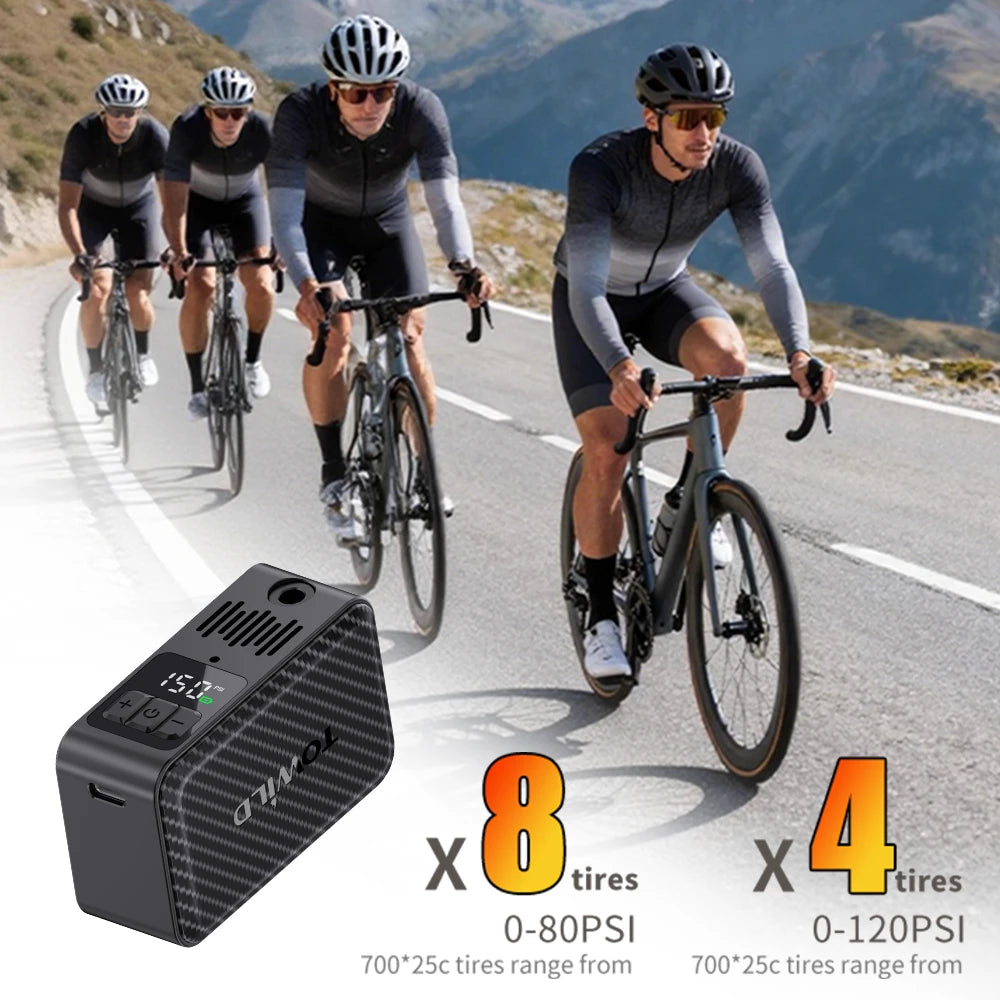 The TOWILD A15 electric bike pump demonstrating ultra-long battery life for group rides. Infographic shows it can inflate 8 tires (700x25c) to 80 PSI or 4 tires to 120 PSI on a single charge.
