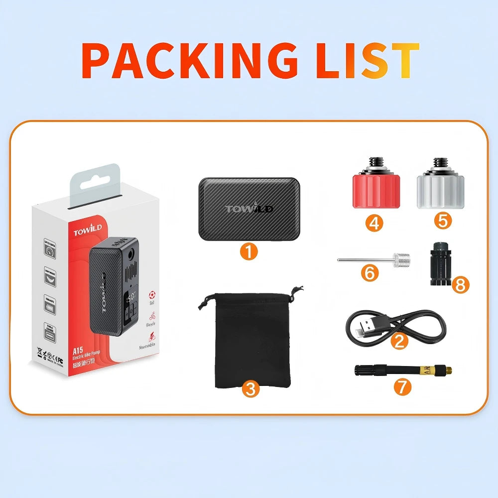 Full package contents of the TOWILD A15 Mini Bicycle Tire Inflator, including the pump, storage bag, USB-C cable, extension hose, and valve adapters.