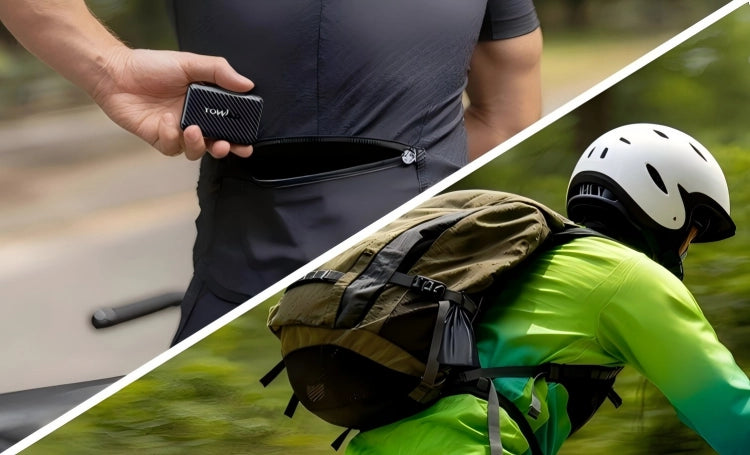 Split screen demonstrating the extreme portability of the TOWILD A15 electric bike pump: slipping effortlessly into a zipped cycling jersey pocket and hanging on an MTB backpack.