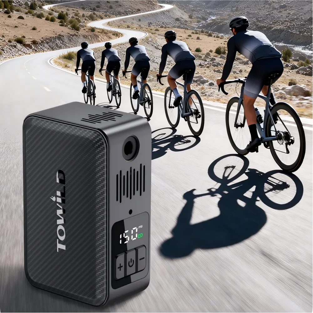 The TOWILD A15 electric tire inflator in the foreground with a group of road cyclists in the background, highlighting its ultra-long battery life perfect for team rides.