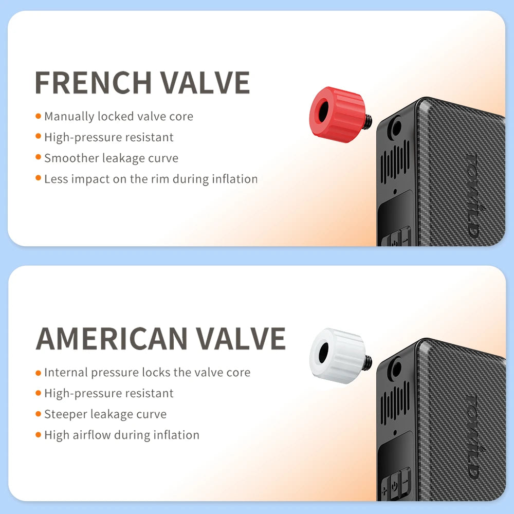 Universal compatibility of the TOWILD A15 smart pump, showing color-coded direct-connect adapters for both French (Presta) and American (Schrader) valves, engineered for high-pressure resistance.