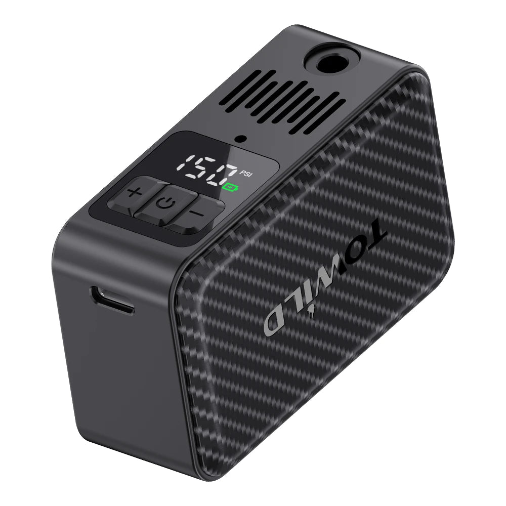 Side and bottom view of the TOWILD A15 rechargeable mini bike pump, featuring the convenient USB Type-C charging port and compact, pocket-sized body.