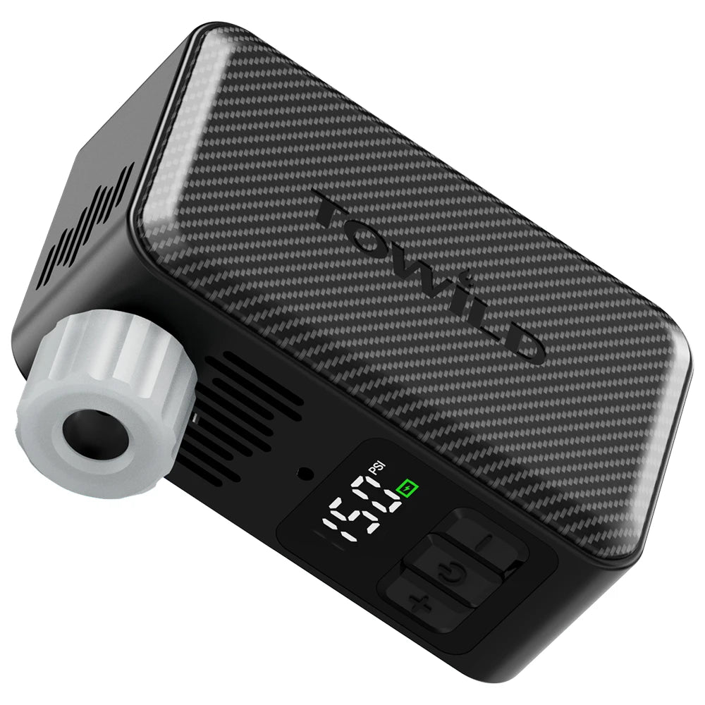 Top-angle view of the TOWILD A15 smart bike pump with the direct-connect valve adapter attached, ready for quick, hands-on inflation up to 150 PSI.